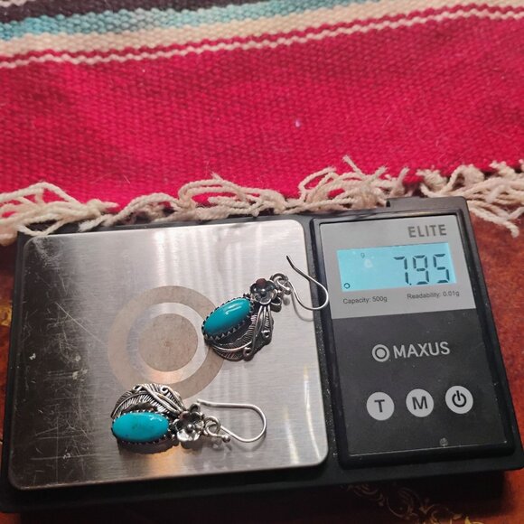 Southwest Sterling Silver Turquoise Dangle Earrings Flower Feather Handmade - Picture 5 of 5